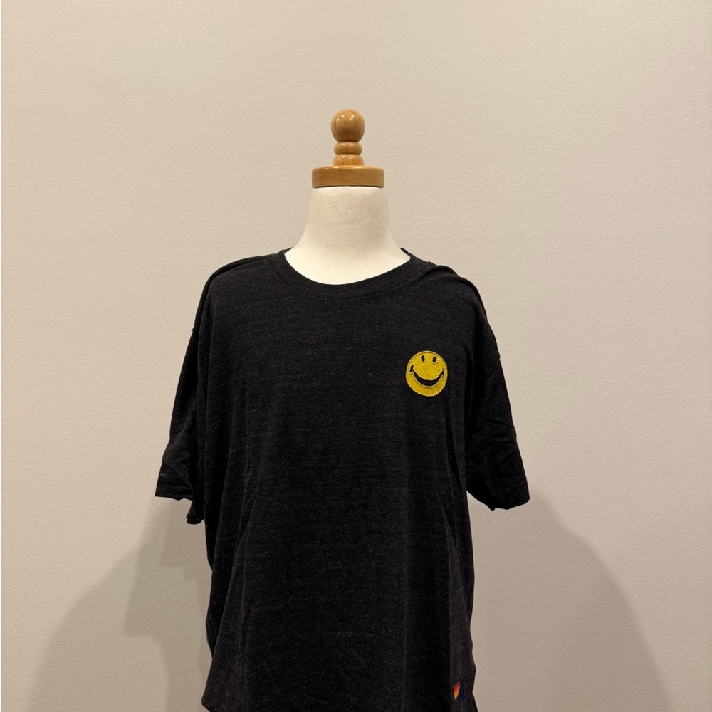 Black aviator nation t-shirt with Yellow embroidered Smiley Face
